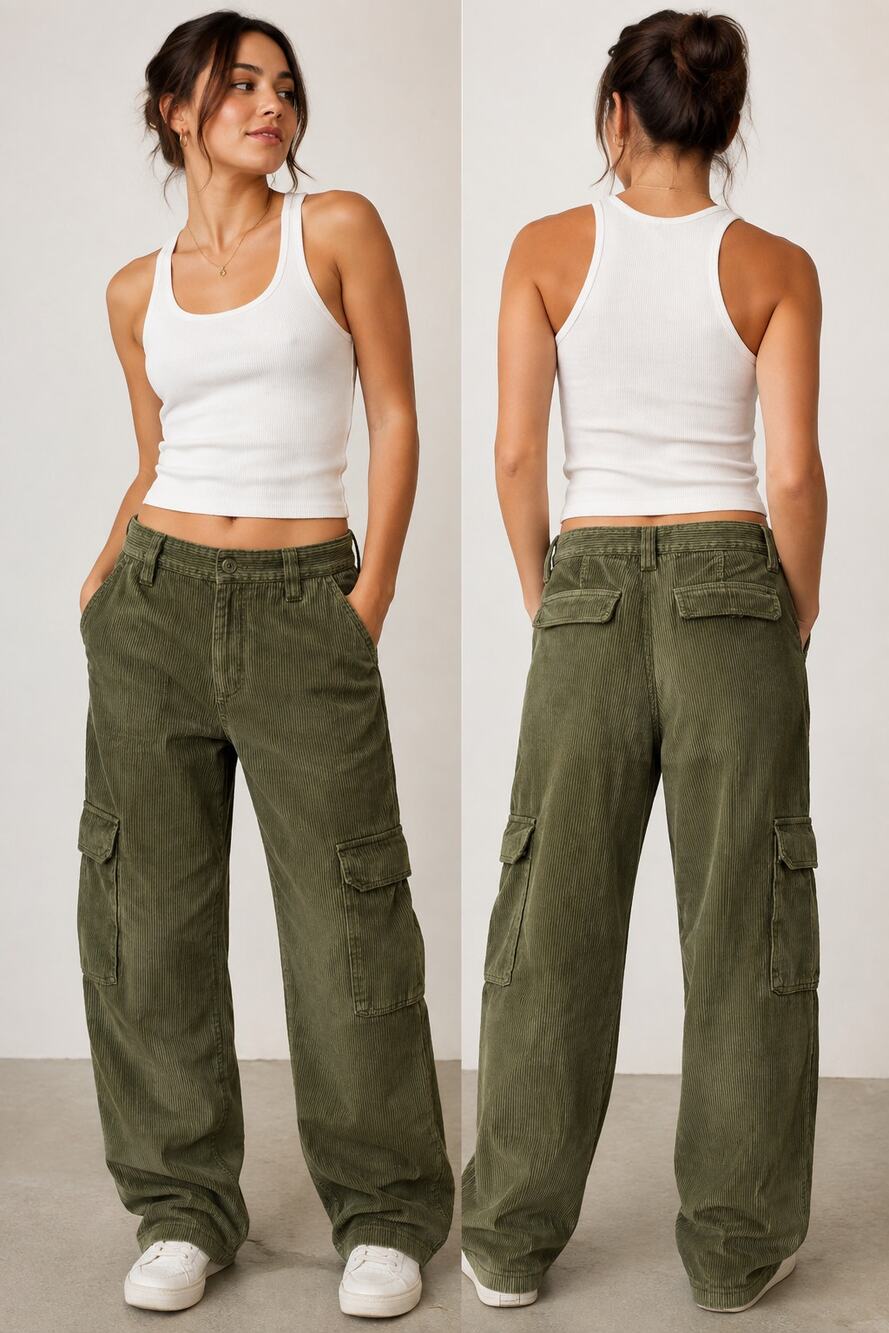 TNA Aritzia Olive Green Corduroy Cargo Pants Women’s Size 8 Wide Leg Utility